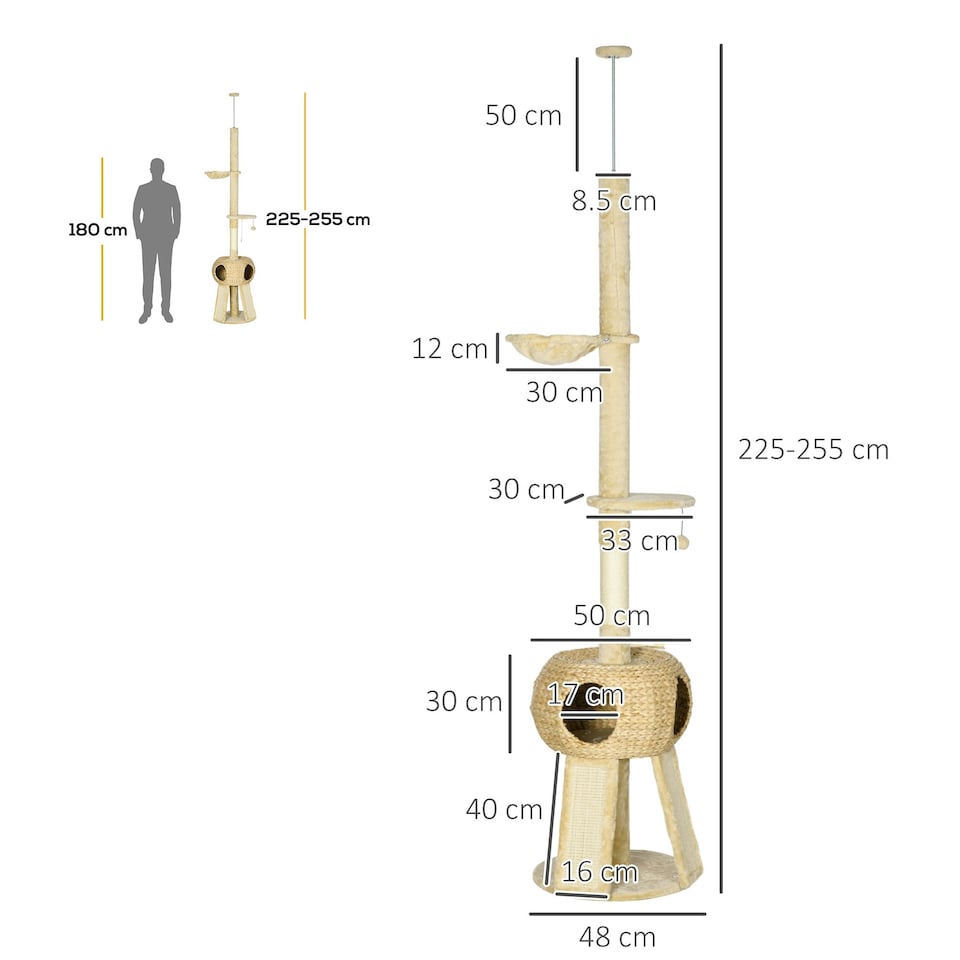 image 1 of PawHut 255cm Tall Cat Tree with Scratching Posts, Condo, Hammock, Beige