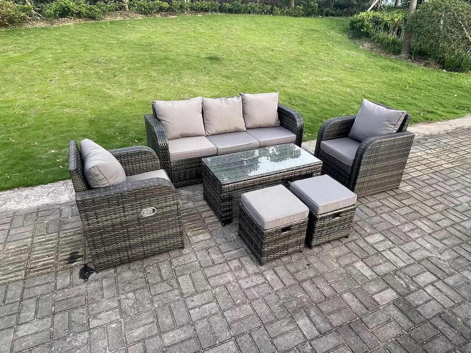 image 1 of Fimous 7 Seat PE Rattan Garden Furniture Set Adjustable Chair Lounge Sofa Set Oblong Coffee Table Stools Dark Grey Mixed