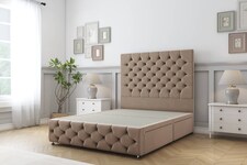 Sloomy Watson Mink Plush Divan Bed Base 2 Drawers Left Side With 54 Inch Floor Standing Headboard & 12 Inch Matching Footboard | Brown | Mink | Super King | 1
