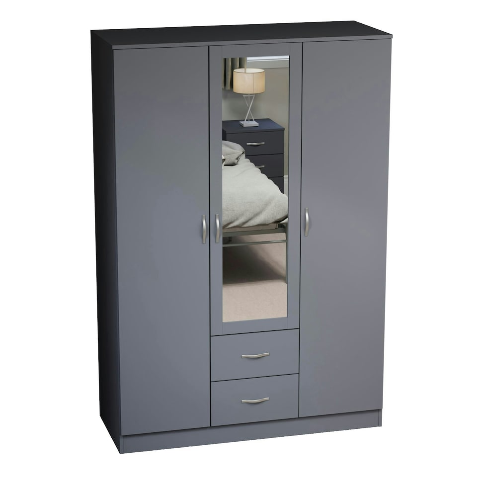 image 1 of Vida Designs Riano 3 Door 2 Drawer Mirrored Wardrobe With Shelf & Clothes Rail, Grey