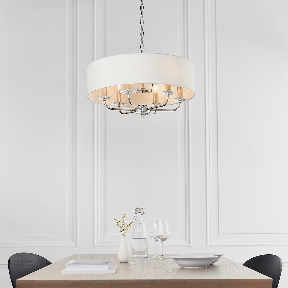 image 1 of Nixon 6 Light Multi Arm Ceiling Pendant Nickel Plate, White Silk Effect, E14