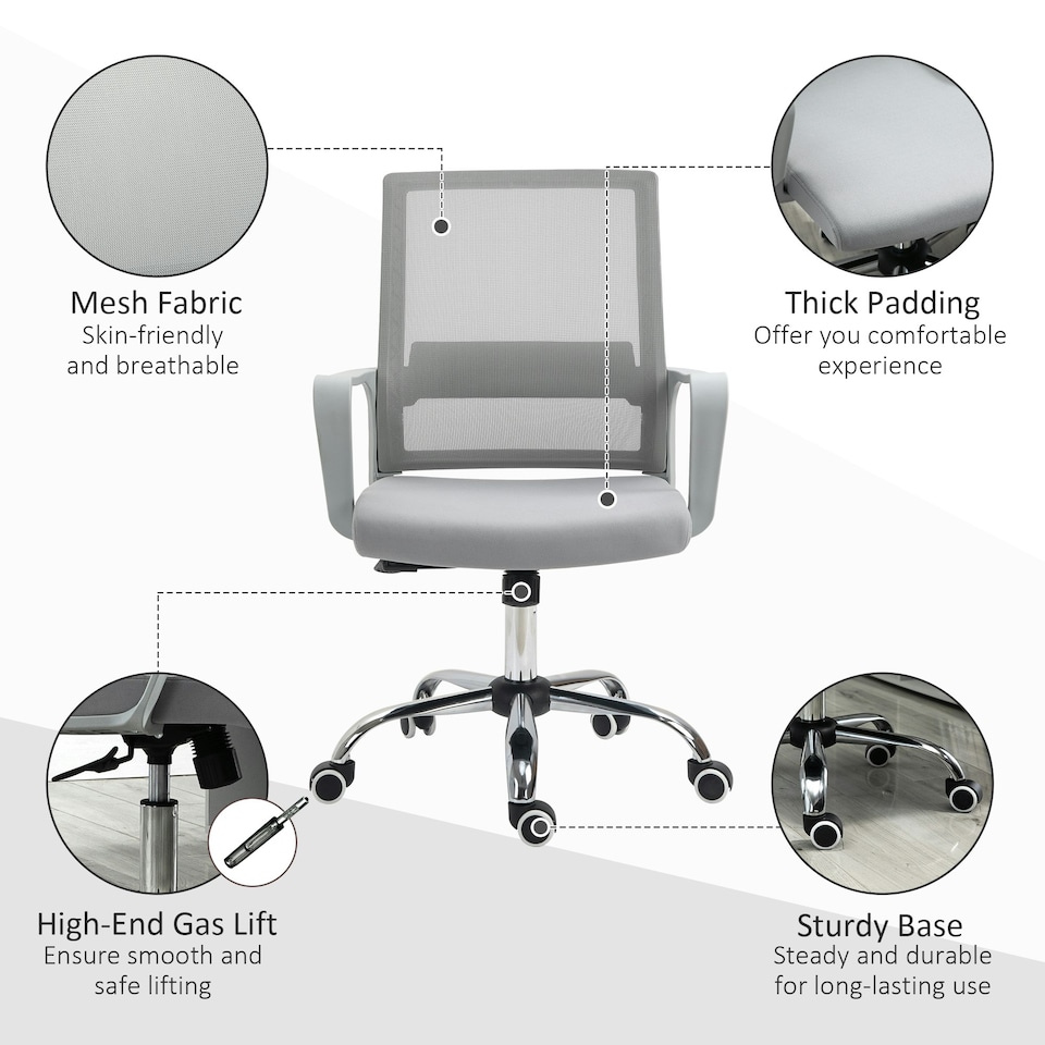 image 1 of Vinsetto Mesh Office Chair Desk Chair w/ Swivel Seat Adjustable Height Grey