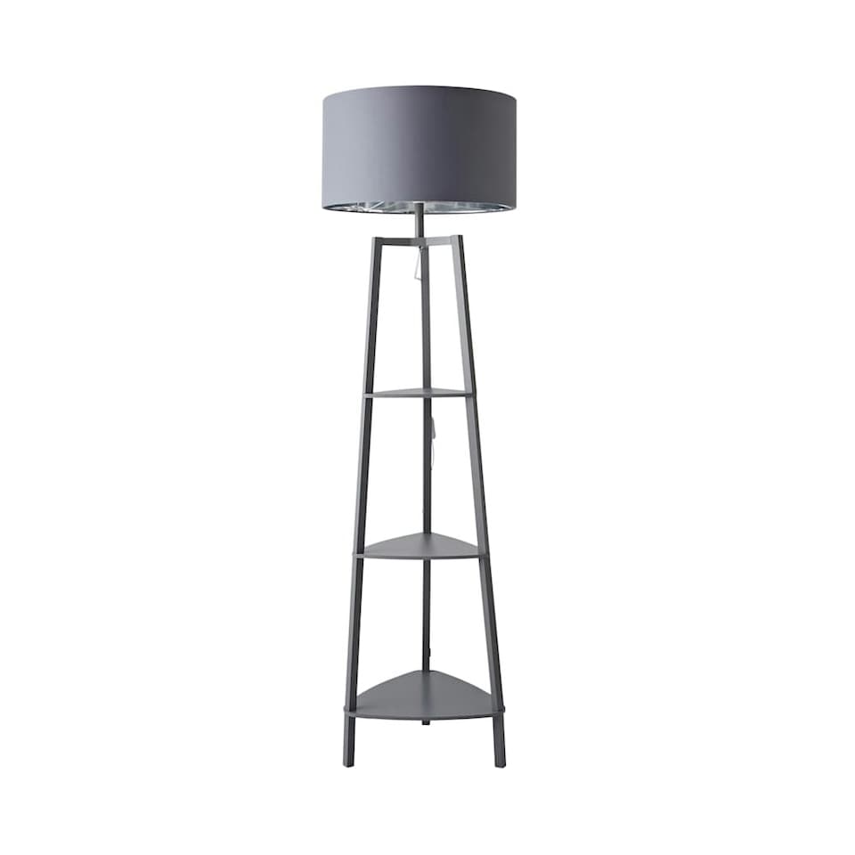 image 1 of ValueLights Hiru Grey 3 Tier Shelf Floor Lamp Grey Chrome Shade Grey