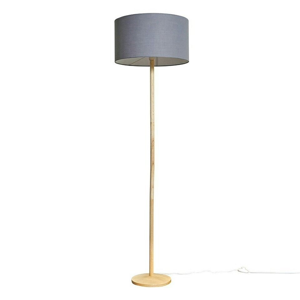 image 1 of ValueLights Single Stem Natural Light Wood Floor Lamp With Dark Grey Drum Shade
