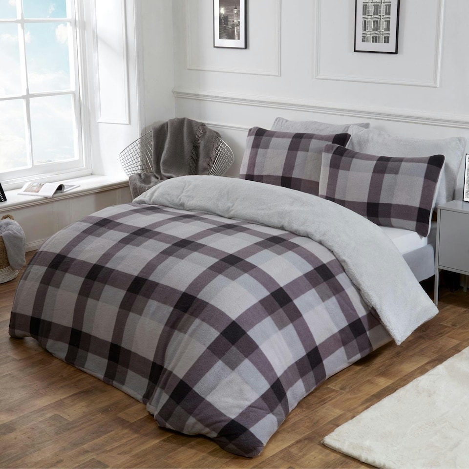 image 1 of OHS Check Print Teddy Fleece Duver Cover and Pillowcase Set, King - Grey
