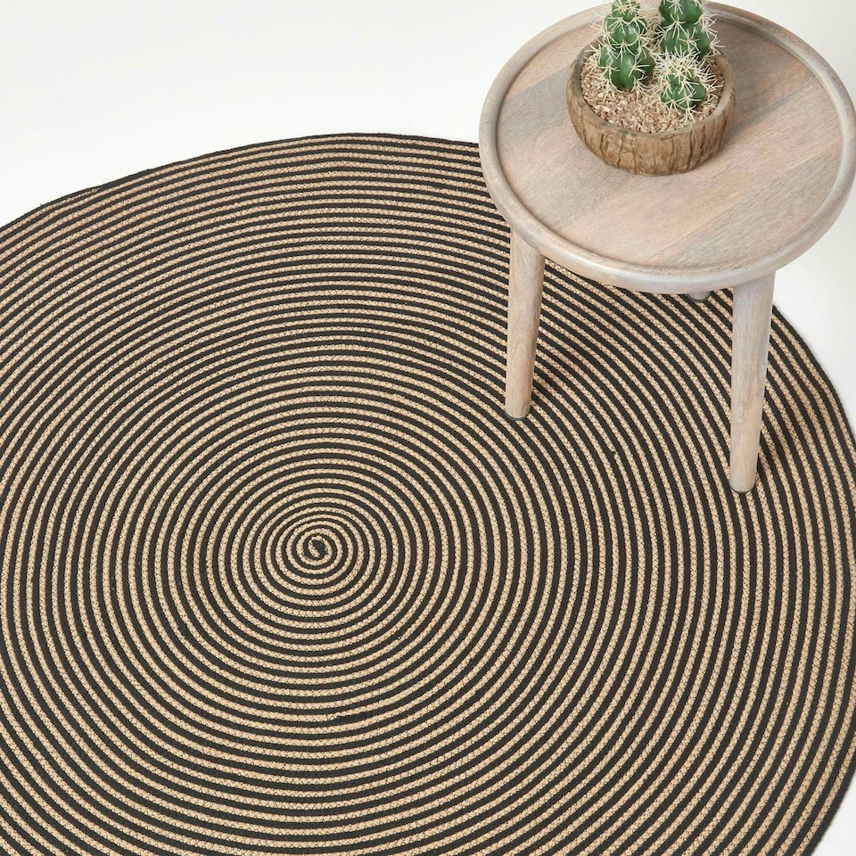 image 1 of Homescapes Linen and Black Handmade Woven Spiral Braided Rug - 120 cm Round