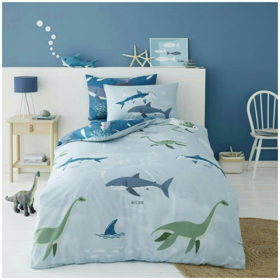 image 1 of VELVETIO Sea Dino Shark Duvet Cover Set Single Blue Soft Polycotton Reversible Kids Beddings Blue | Single