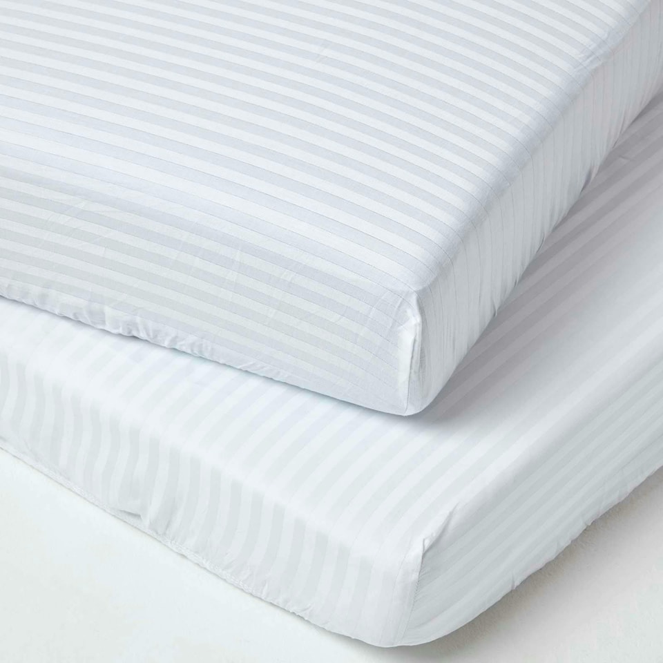 image 1 of Homescapes White Cotton Stripe Cot Bed Fitted Sheets 330 Thread Count, 2 Pack | White | One Size