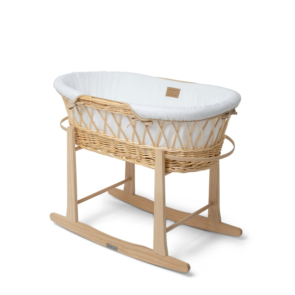 image 1 of Clair de Lune Organic Wicker Moses Basket With Rocking Stand - White