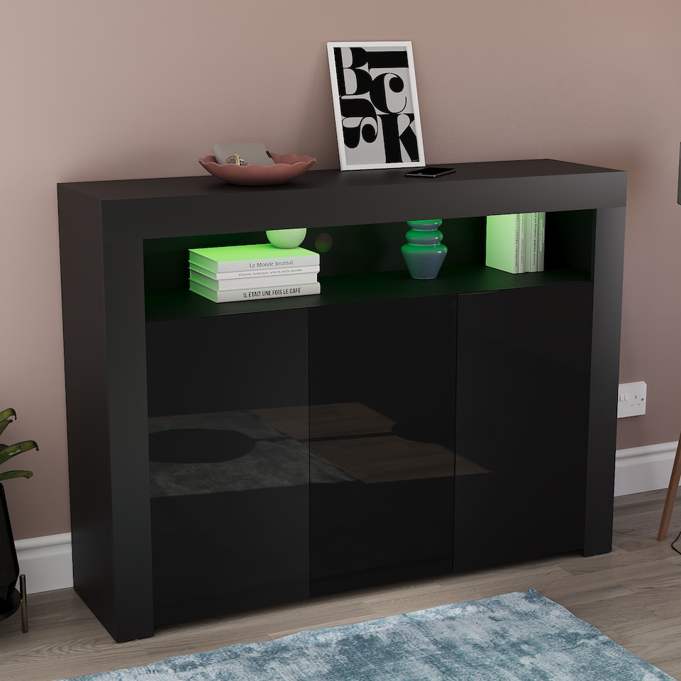 image 1 of Vida Designs Nova 3 Door LED Sideboard Buffet Cabinet Storage, Black | Black | 1