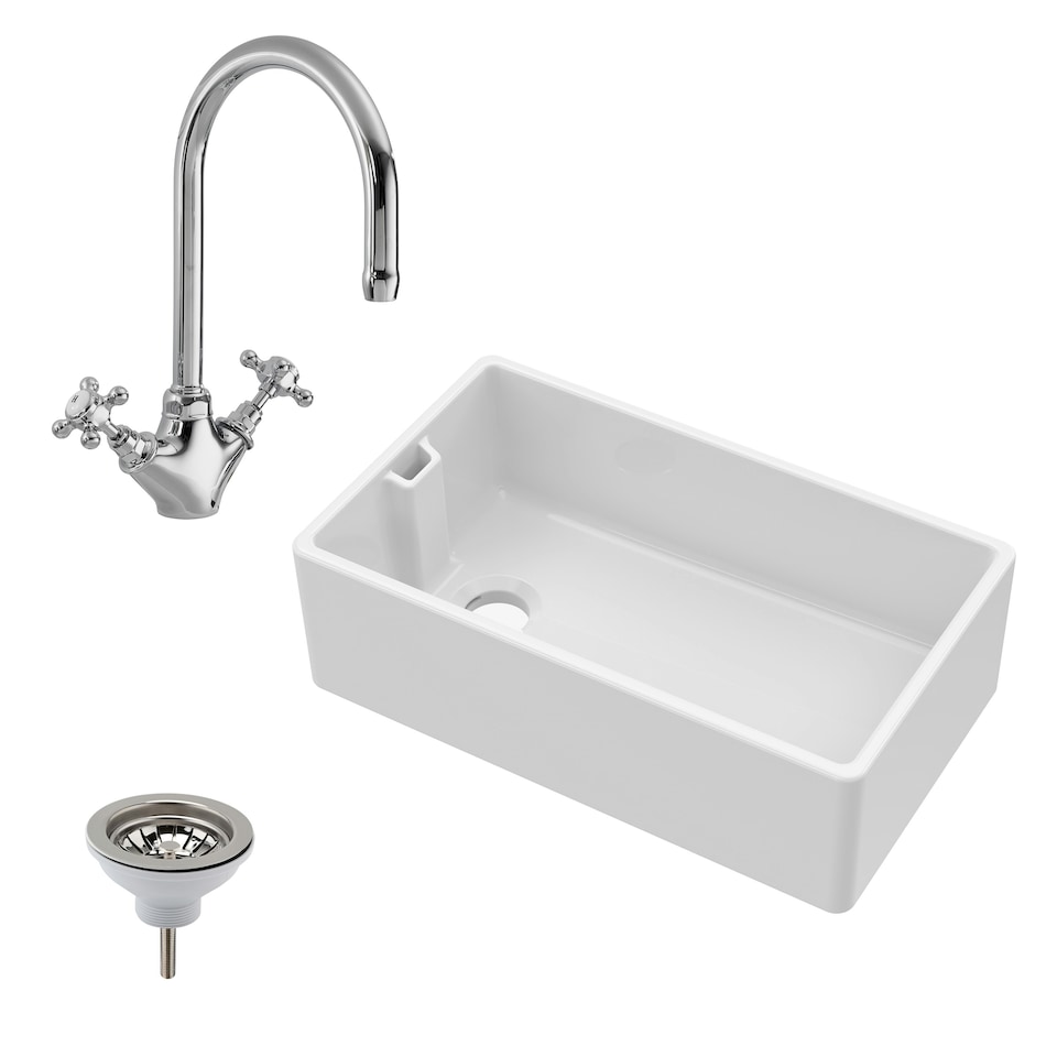 image 1 of Fireclay Belfast Kitchen Sink with Overflow, Mono Sink Mixer Tap & Waste, 795mm