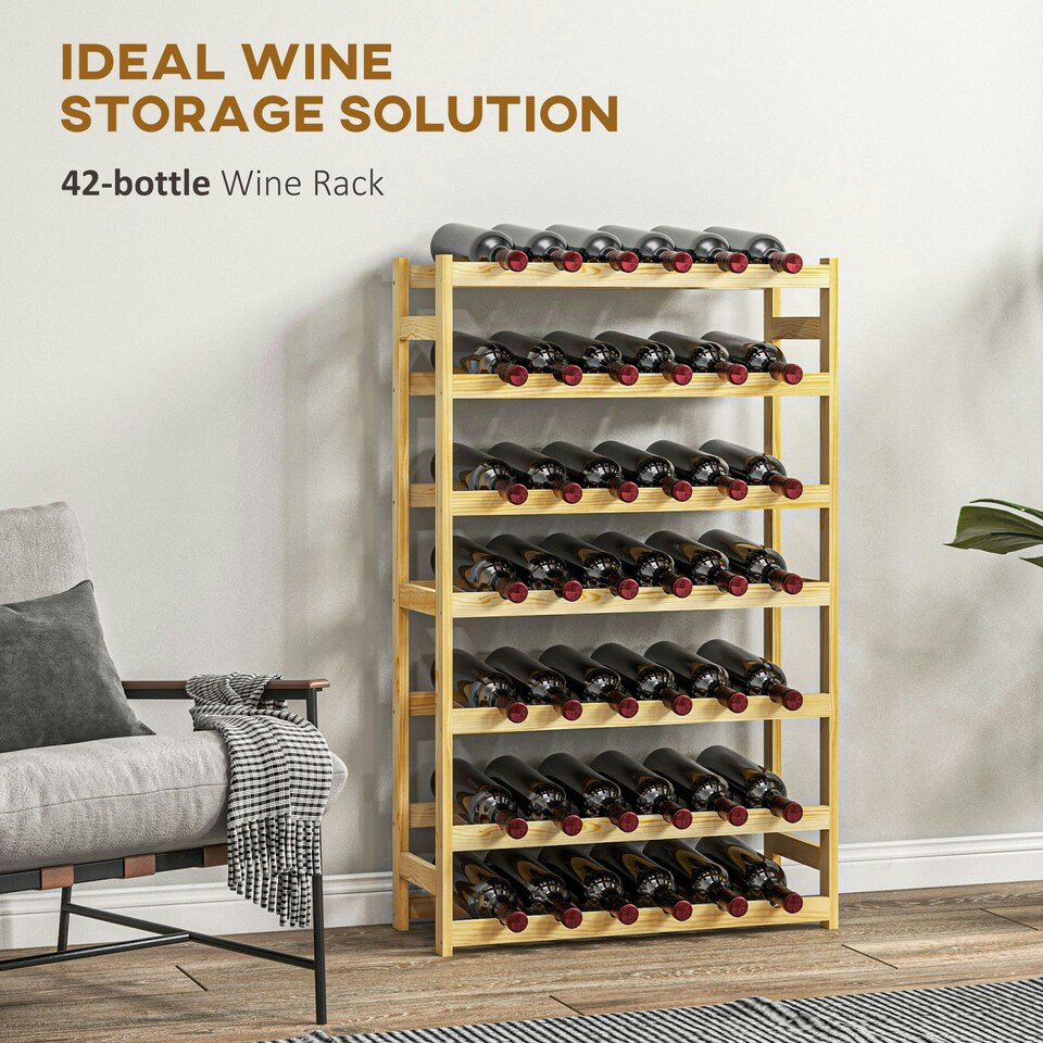 image 1 of HOMCOM Free Standing Wooden Wine Rack 42 Bottles Holders, Natural