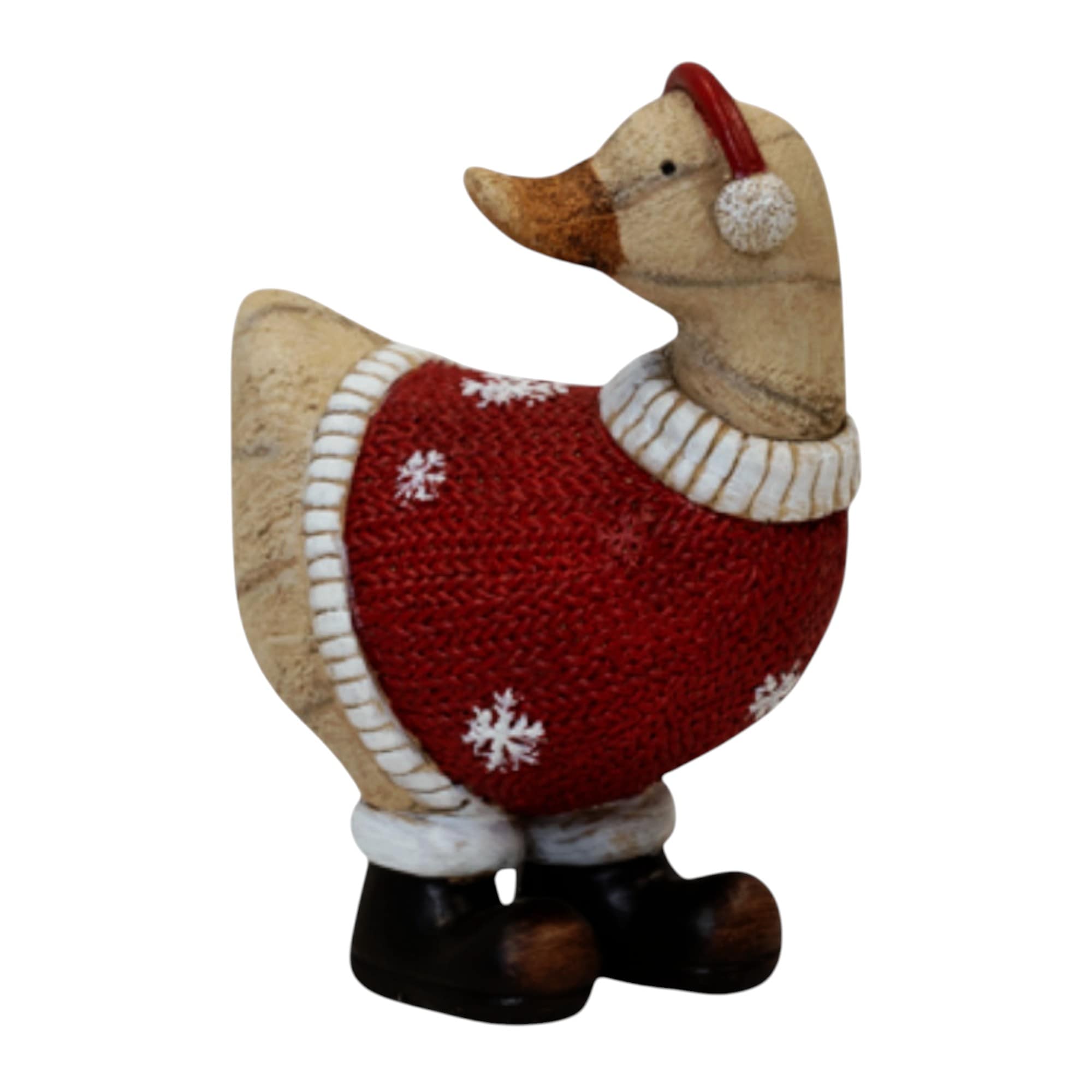 Four Candle Polyresin Duck With Ear Muffs in Red
