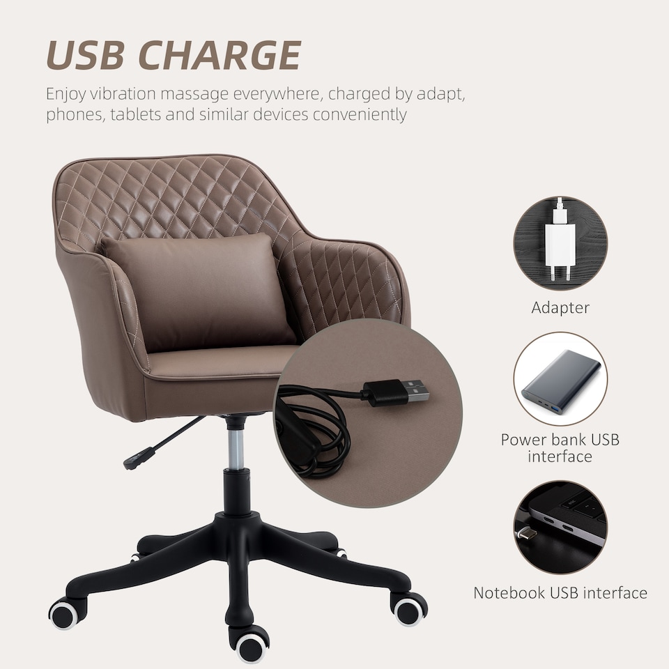 image 1 of Vinsetto Microfiber Office Chair, Desk Chair, Makeup Vanity Chair with Massage Lumbar Pillow and Rolling Wheels for Bedroom and Home, Brown