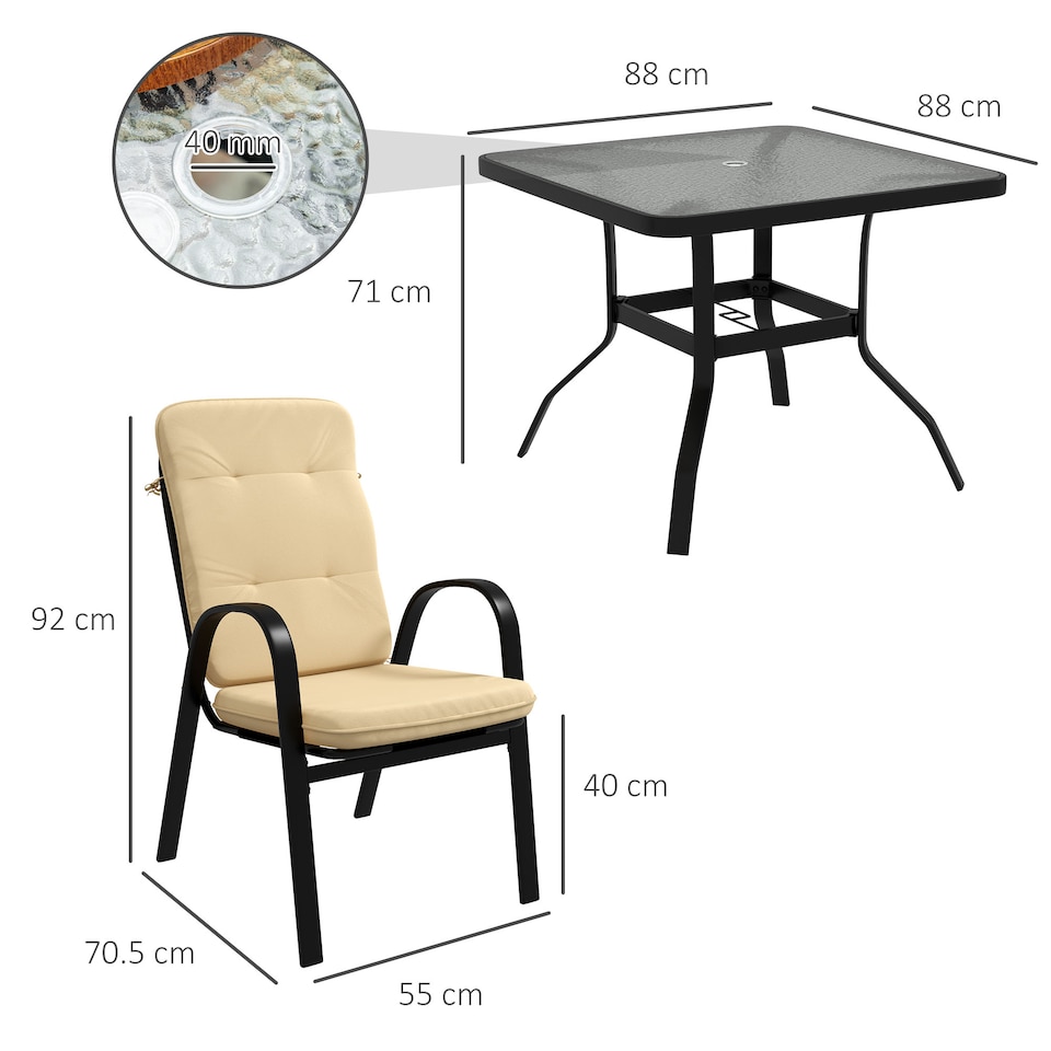 image 1 of Outsunny 5 Pieces Garden Dining Set, Outdoor Square Dining Table and 4 Cushioned Armchairs, Tempered Glass Top Table w Umbrella Hole, Texteline Seats, Beige