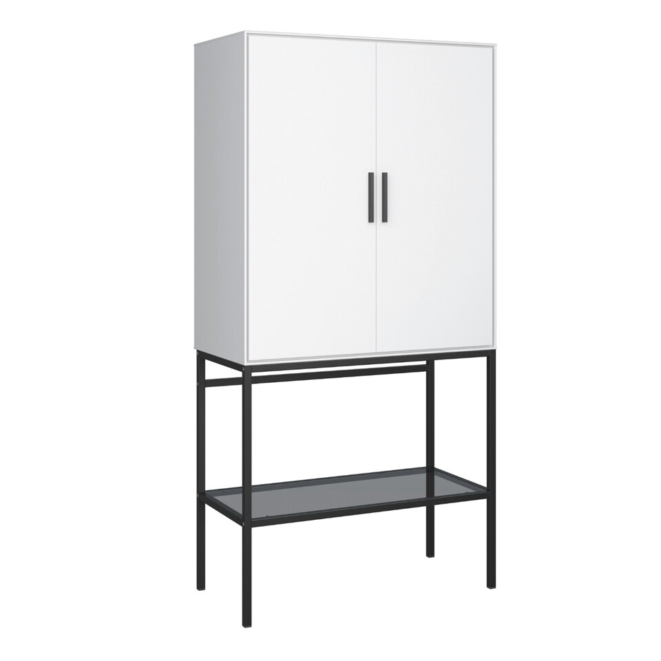 image 1 of Slimline 2 Door Tall Cabinet in Pure White with Steel Black Legs