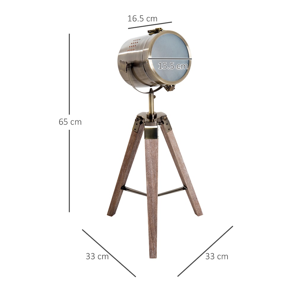 image 1 of HOMCOM Vintage Tripod Table Desk Lamp Bedside Light Spotlight Brass Antique Searchlight Wooden Base