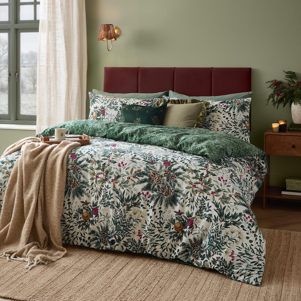 image 1 of Wylder Winter Foliage Reversible Brushed Cotton Duvet Cover Set, Pine Green, Single