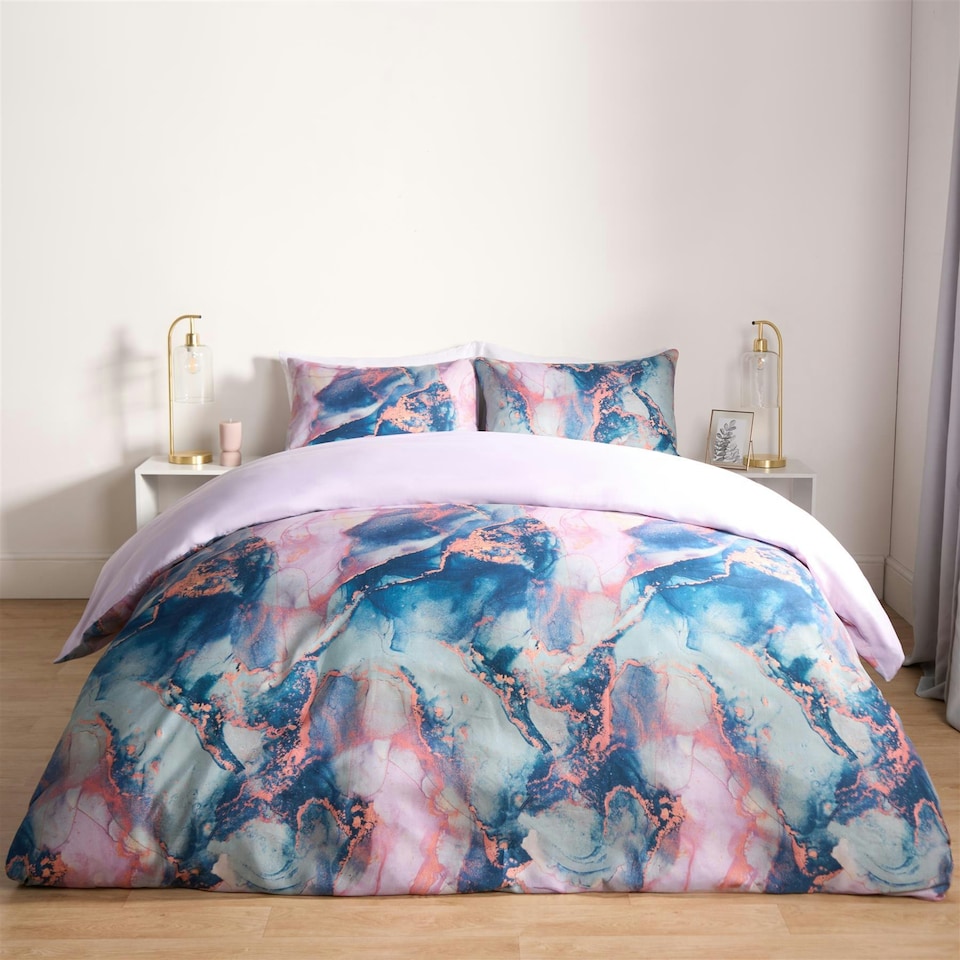 image 1 of OHS Marble Print Duvet Quilt Cover Bedding Set, Single - Lilac/Blue