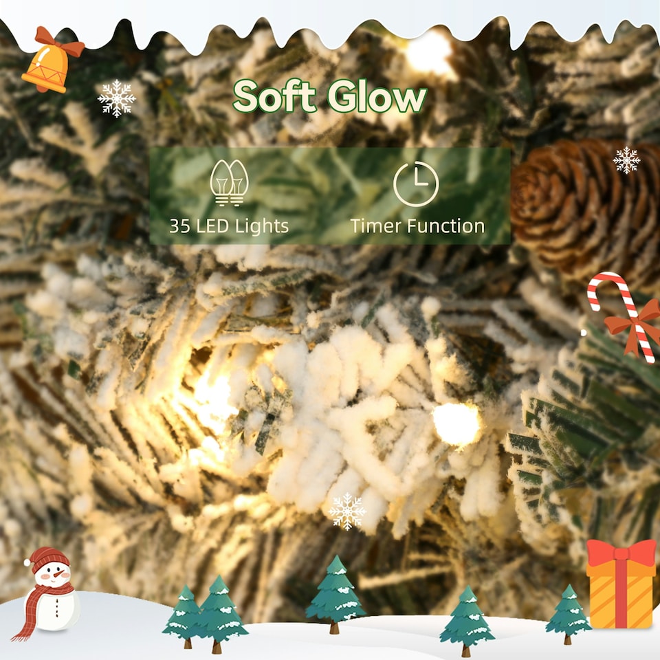 image 1 of HOMCOM 60 cm Prelit Christmas Wreath, Flocked Front Door Wreath with Timer