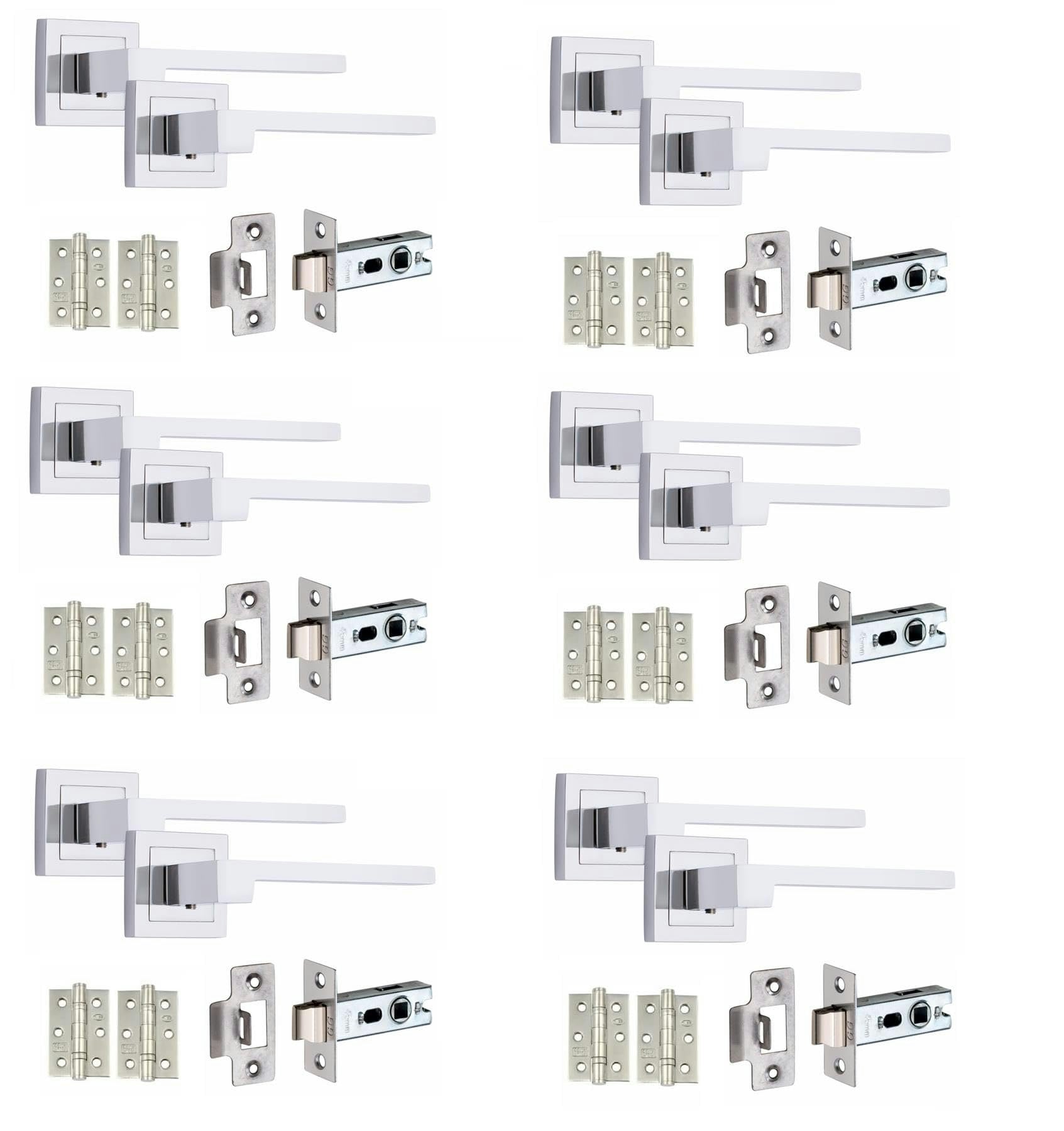 Golden Grace 6 Pairs Zeta Premium Design Door Handles on Square Rose in Polished Chrome Finish with 2.5" Latch and 1 Pair of Ball Bearing Hinges Chrom