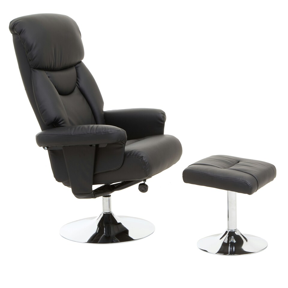 image 1 of Interiors by Premier Black Leather Effect Reclining Chair and footstool, Easy to Clean Leather Chair, Comfy Footstool