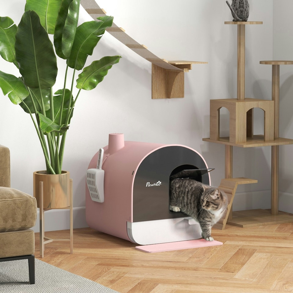 image 1 of PawHut Cat Litter Box Kitten Litter Tray w/ Lid, Scoop, Filter, Flap Door, Pink