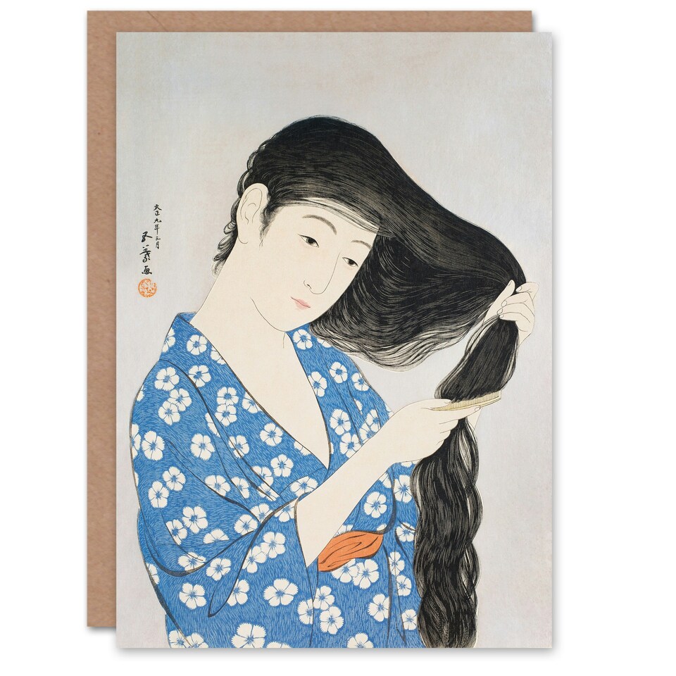 image 1 of Goyo Hashiguchi Japanese Art Card Woman Combing Her Hair