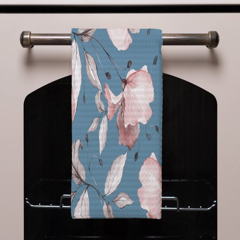 image 1 of Pink Flowers on Blue (Kitchen Towel)