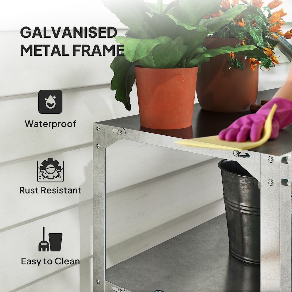 image 1 of Outsunny 2 Tier Potting Bench Table, Galvanised Work Bench, Silver Tone