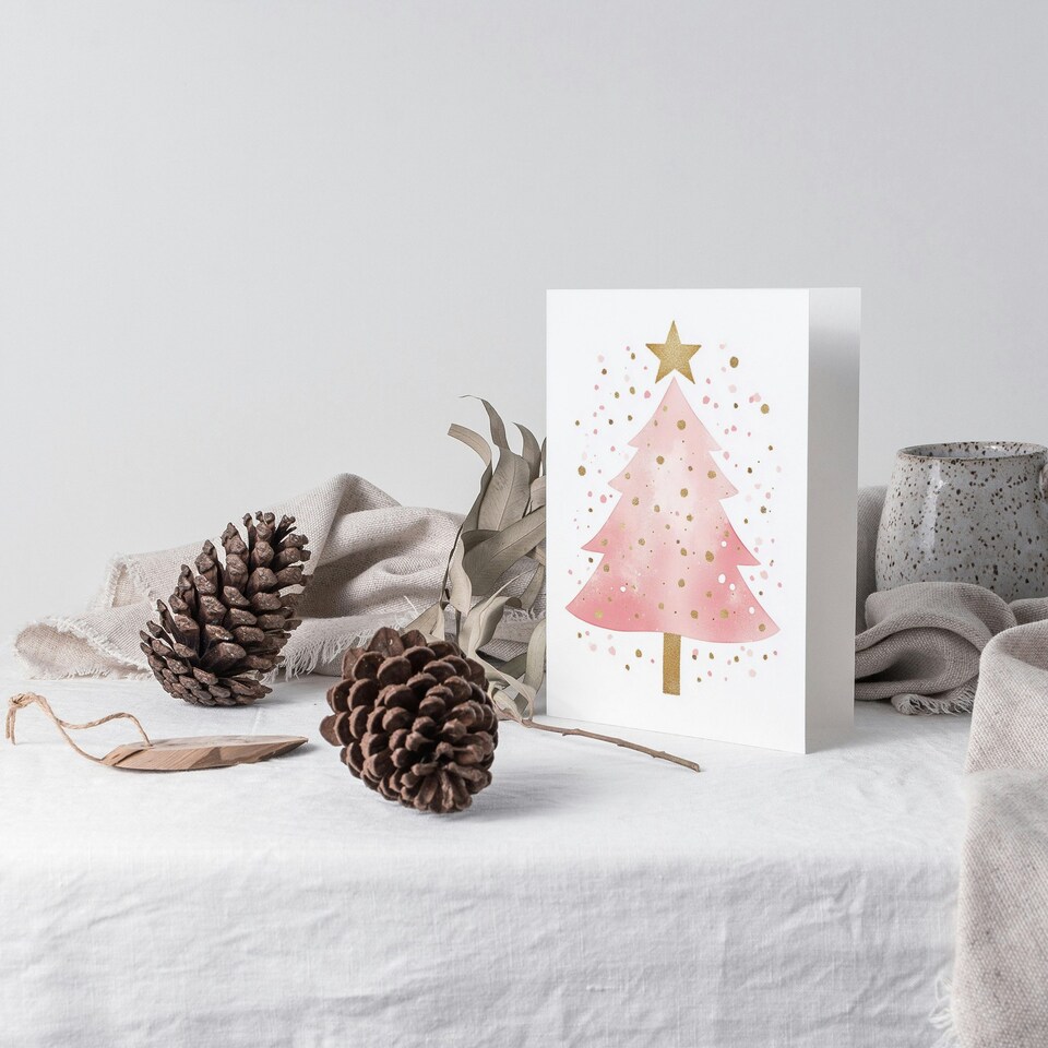 image 1 of Pink Decorated Tree Gold Star Watercolour For Child Kids Christmas Card