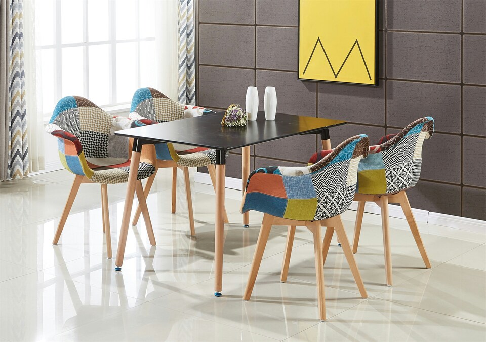 image 1 of Patchwork Halo Dining Set Includes a Black Dining Table & Set of 4 Fabric Chairs | Multi | Multicolor
