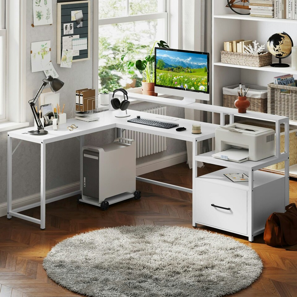 image 1 of COSTWAY L-shaped Desk Home Office Desk with File Drawer White