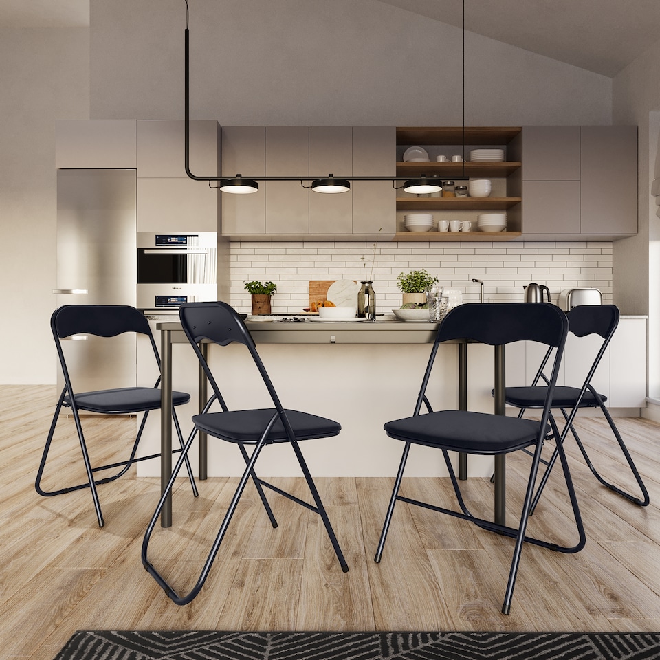 image 1 of 6 Pc Folding Lightweight Chair Set Portable Metal Frame PVC Velvet Ribcord Seats | Multi | Black Velvet