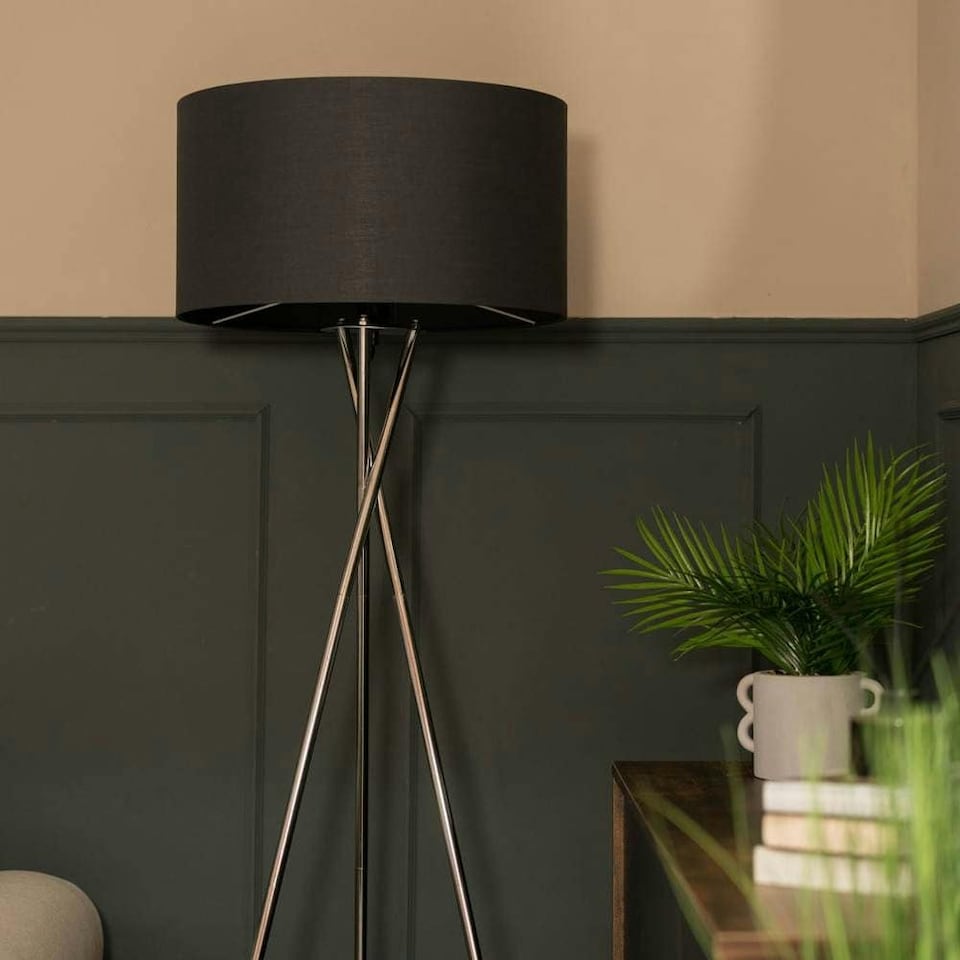 image 1 of ValueLights Camden Brushed Chrome Tripod Floor Lamp Charcoal Shade & Bulb | Grey