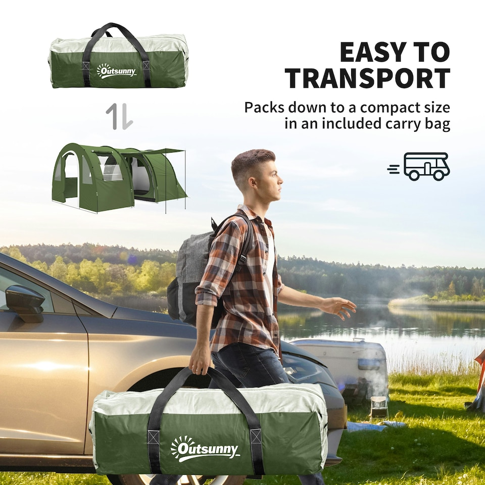 image 1 of Outsunny 5-6 Man Family Tent Camping Tent with 2 Room and Carry Bag, Green 