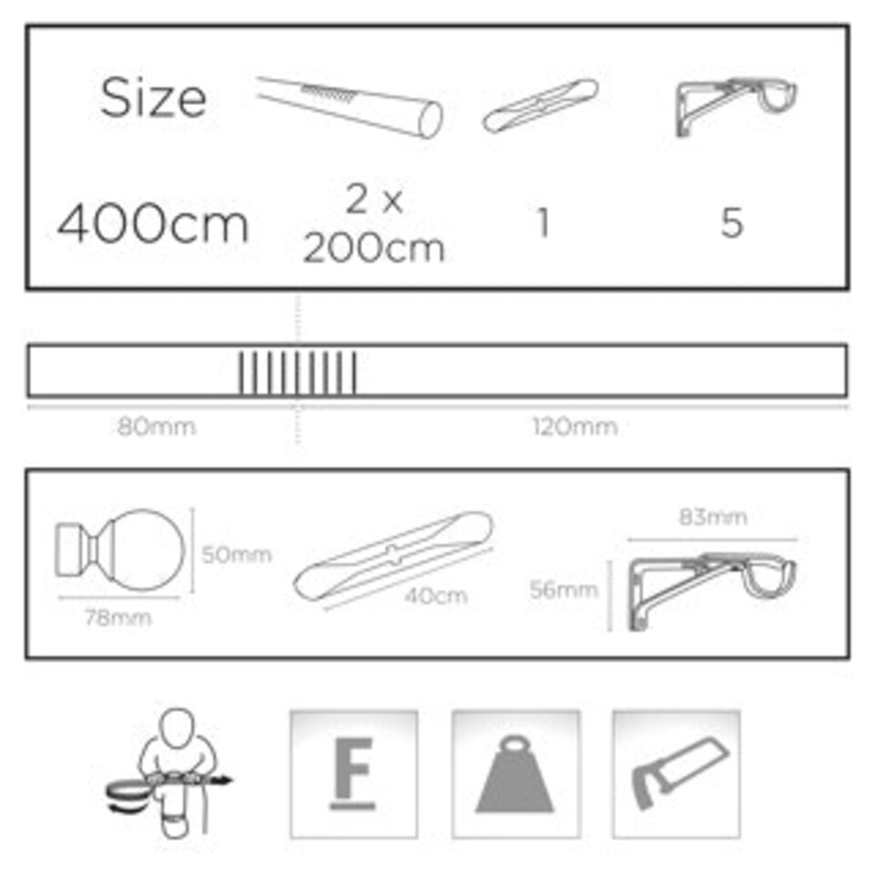 image 1 of 19mm 400cm Satin Silver Ball End Eyelet Bay Pole Set 400cm | Silver | Silver