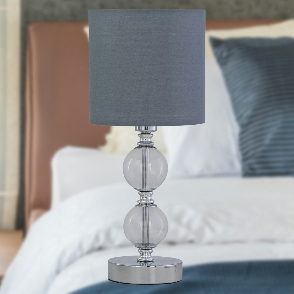 image 1 of Chrome Two Ball Table Lamp with Grey Cotton Shade Chrome | Grey