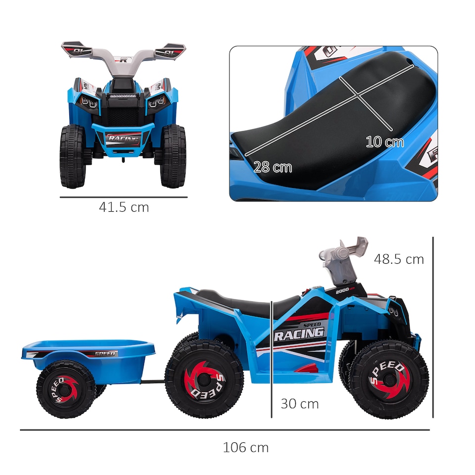 image 1 of HOMCOM Electric Quad Bike, 6V Kids Ride On All-Terrain with Back Trailer for Ages 18-36 Months - Blue