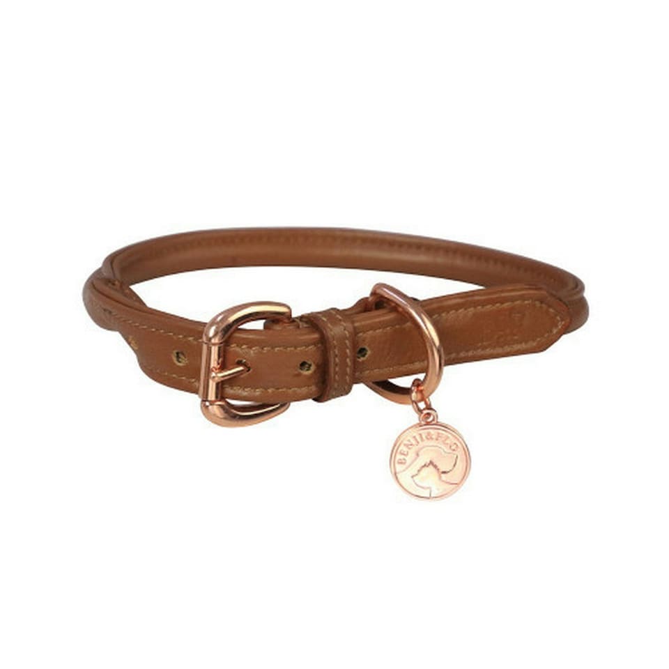 Benji & Flo Superior Leather Dog Collar - Tan/Rose Gold - Large- Length: 41cm-56cm