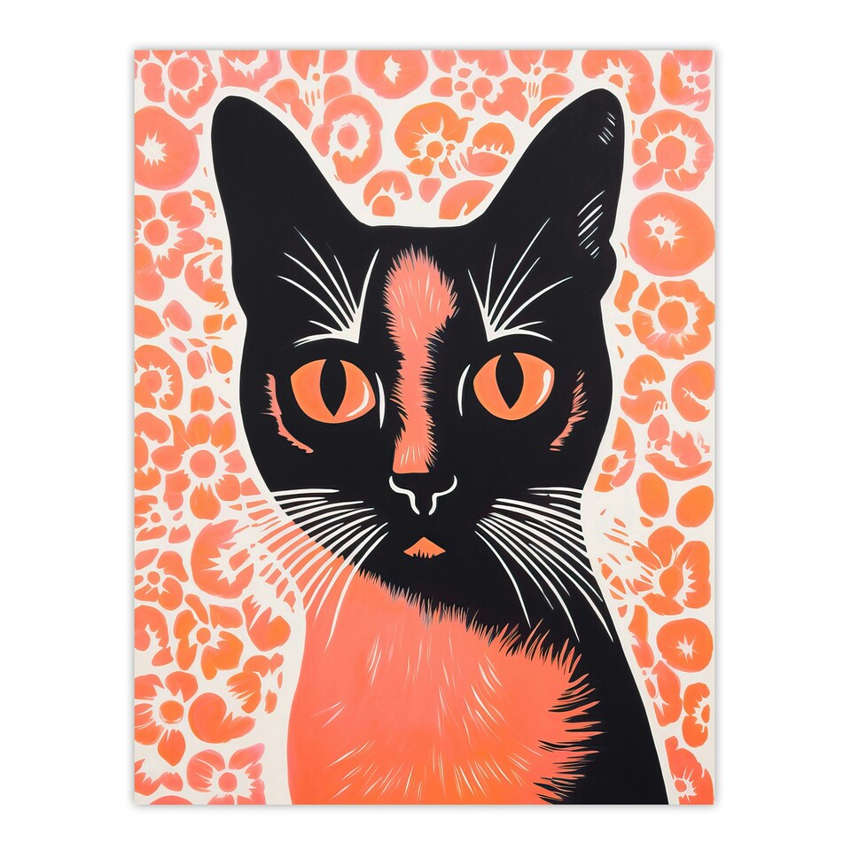 image 1 of Siamese Cat Flowers Risograph Style Coral Pink Black Framed Wall Art Print A4