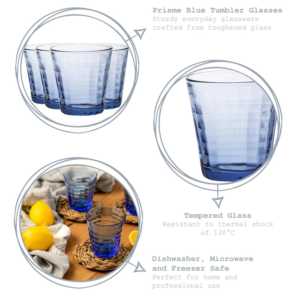 image 1 of Duralex Prisme Drinking Glasses - 220ml Tumblers for Water, Juice - Blue - Pack of 4 | Clear | Clear