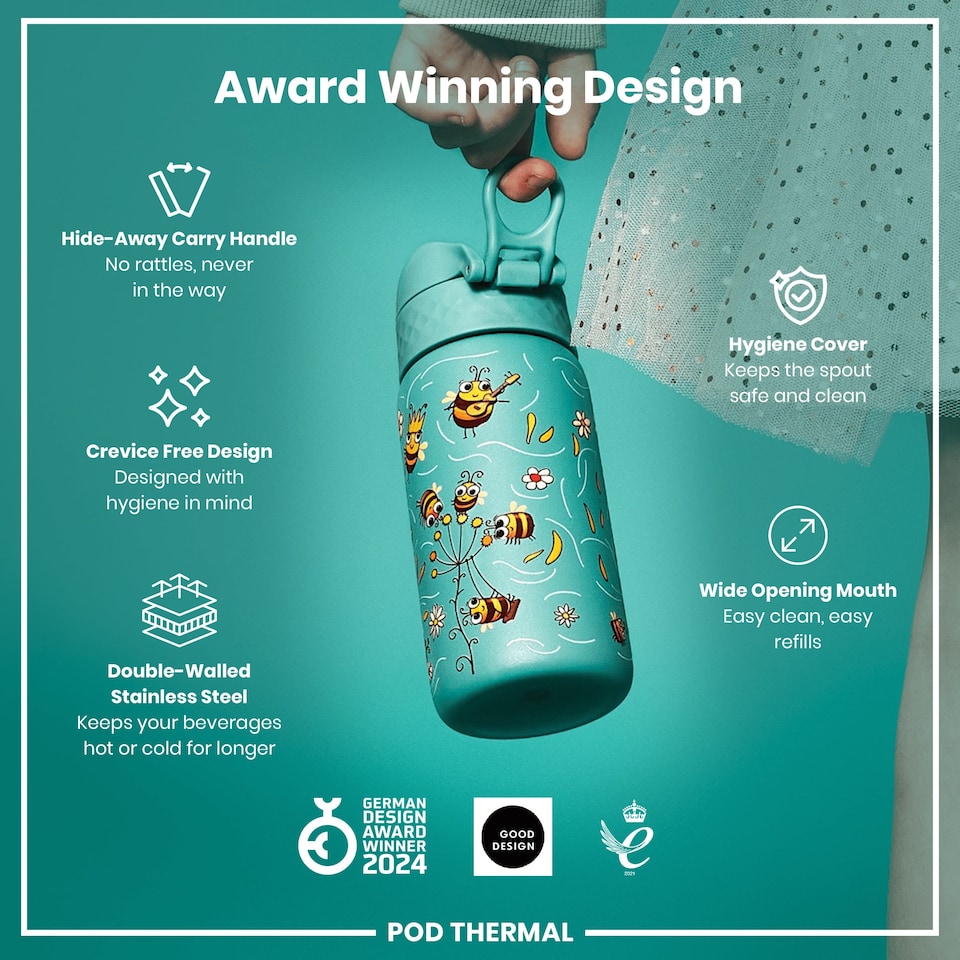 image 1 of Leak Proof Water Bottle, Vacuum Insulated, 320ml (11oz) | Blue | Bees | One Size