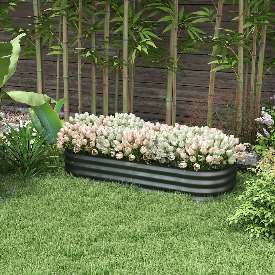 image 1 of Outsunny Galvanised Raised Garden Bed Planter Box with Safety Edging, Dark Grey