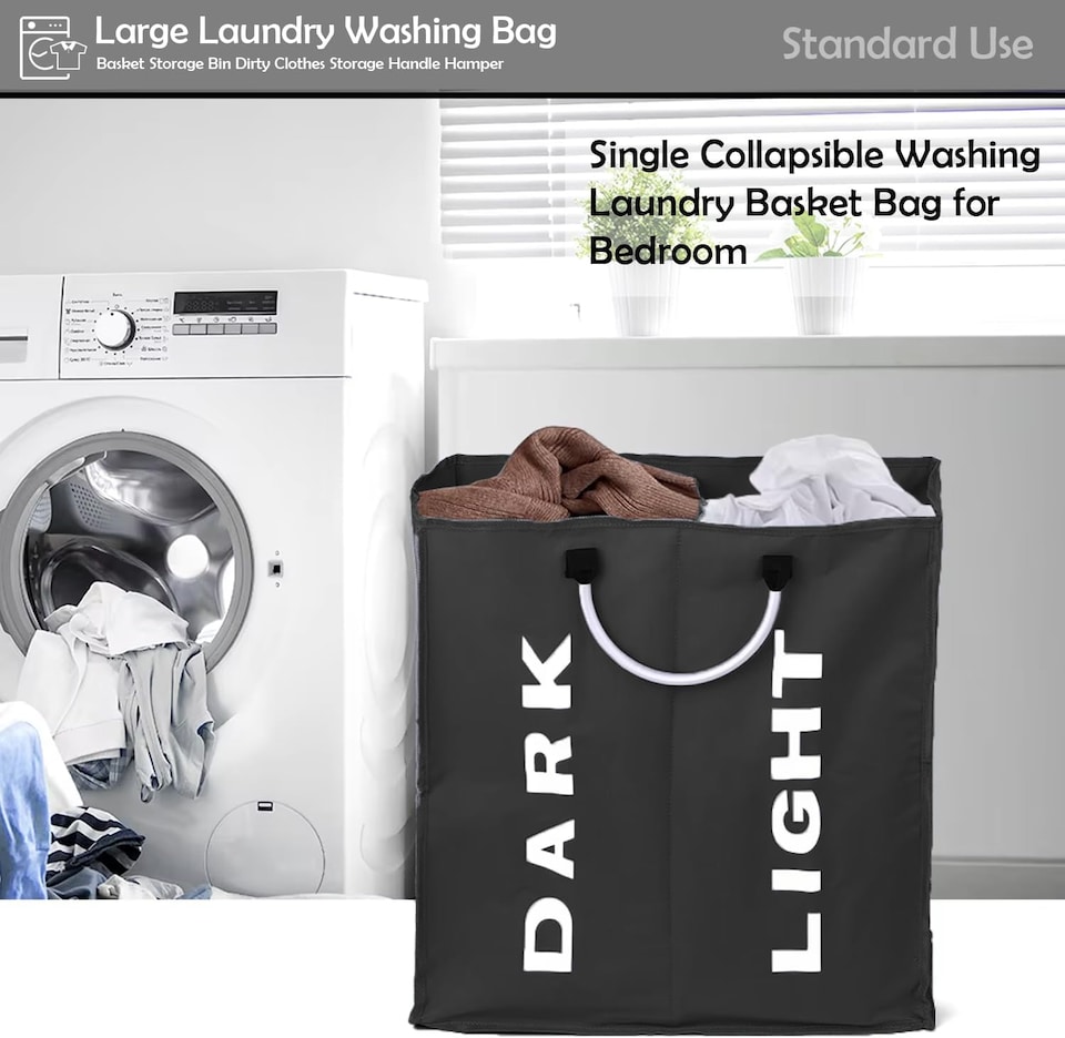image 1 of Double Collapsible Laundry Basket Bag Divided Clothes Hamper with Handles Foldable Washing Basket for Laundry Sorting Storage