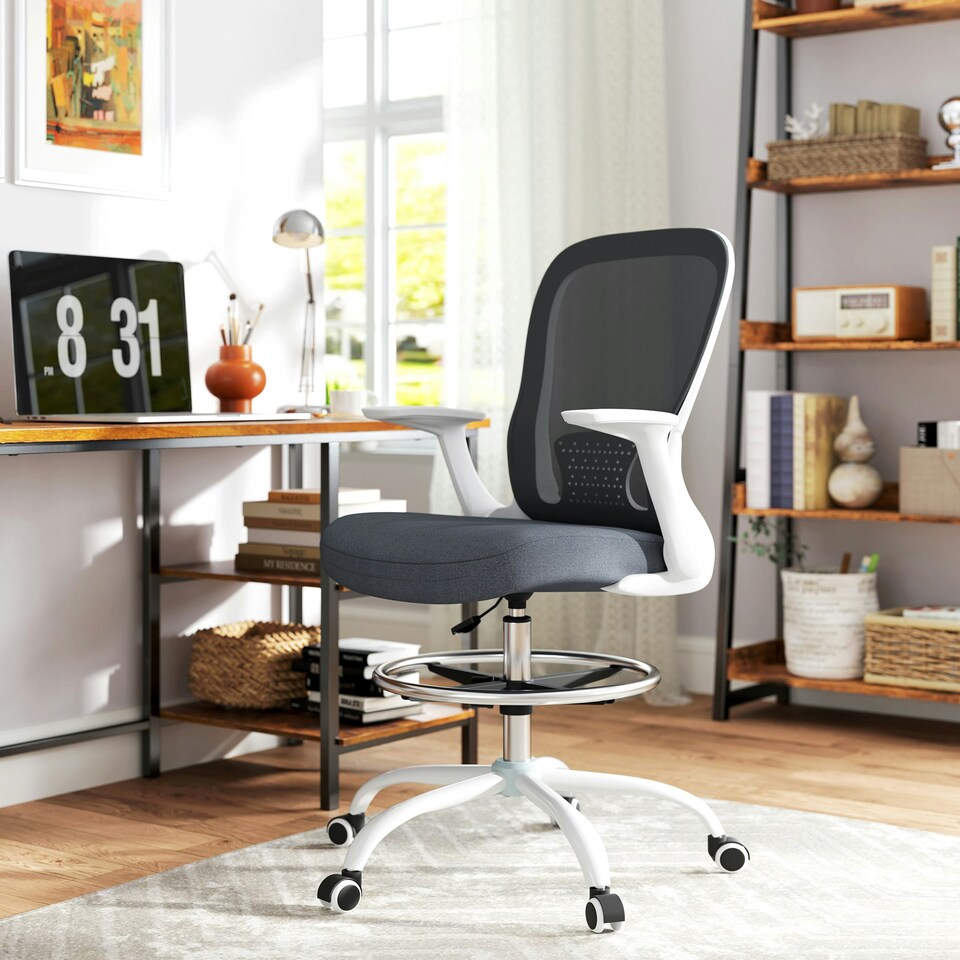 image 1 of HOMCOM Mesh Draughtsman Chair, Ergonomic Drafting Chair, Grey