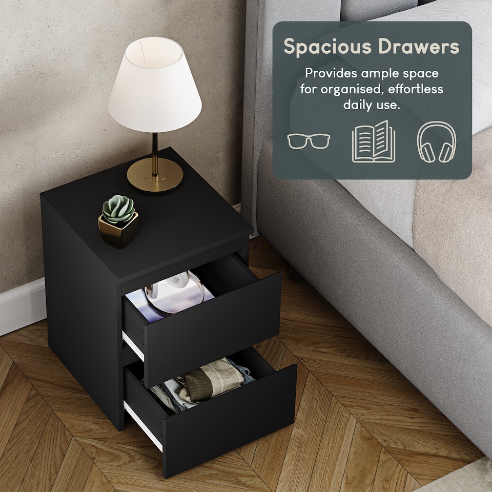 image 1 of Vida Designs Denver 2 Drawer Chest of Drawer Bedside Cabinet Nightstand Units Set of 2 - Black