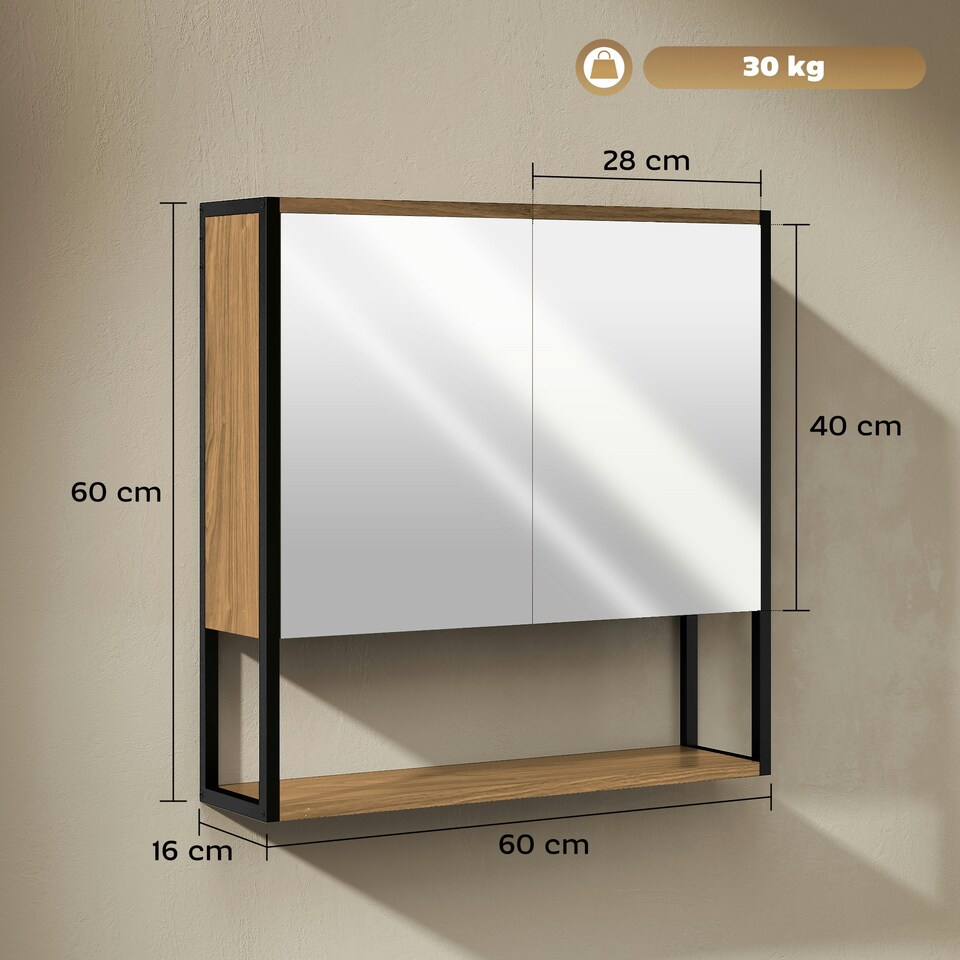 image 1 of HOMCOM Industrial Bathroom Cabinet with 2 Mirrored Doors Open Shelf Brown