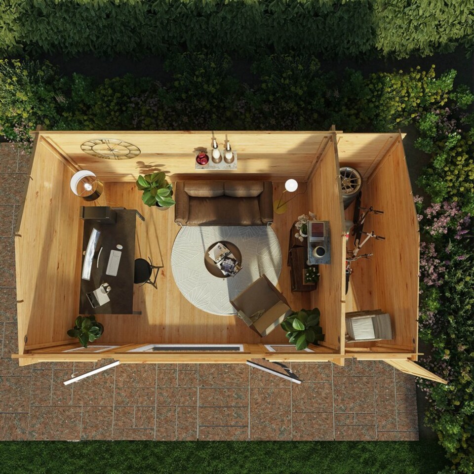 image 1 of 5.1 x 3 m Home Office Studio with Side Shed with White UPVC Windows and Doors - 44 mm Timber - L313.3 x W515.5 x H259.5 cm - Brown | Brown