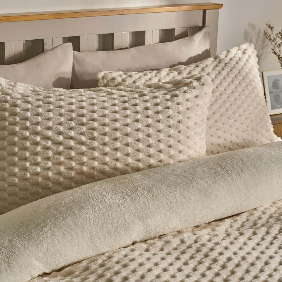 image 1 of OHS Luxury Waffle Textured Fleece Duvet Cover and Pillowcase Bedding Set Cream | Double